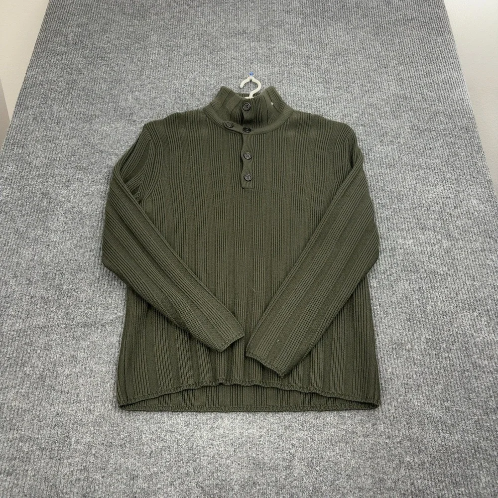 Banana Republic Sweater Men L Green Merino Wool Ribbed Mock Neck Button Military